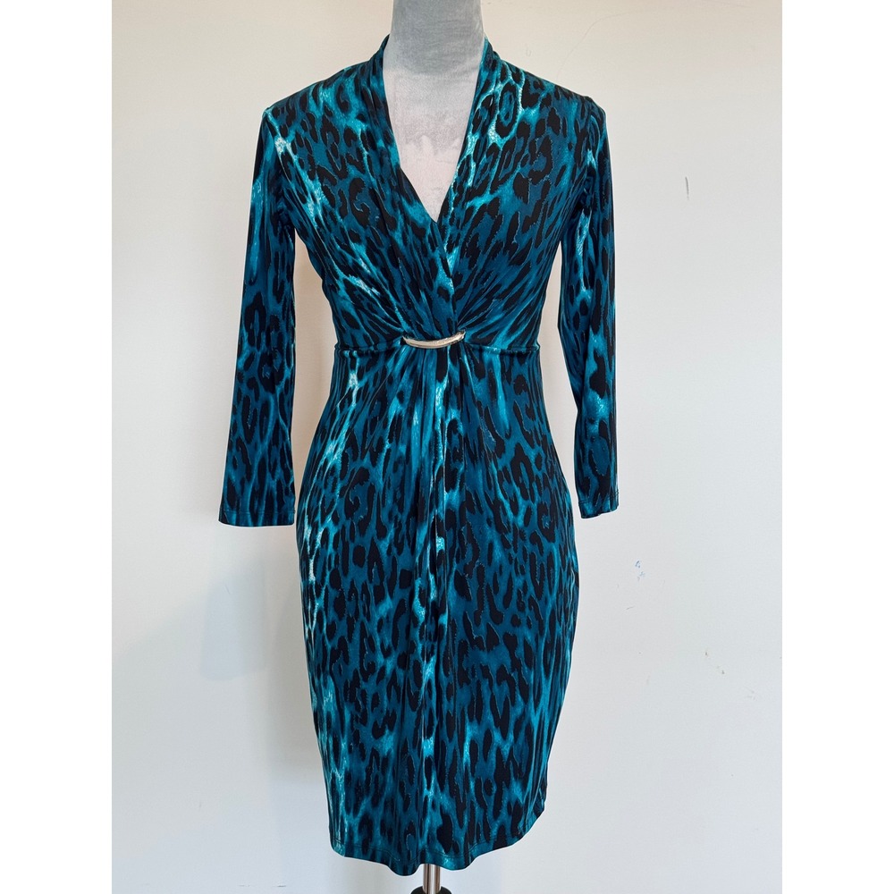 New York & Company Teal Leopard Print V-Neck Sheath Dress Size XS 3/4 Sleeve
